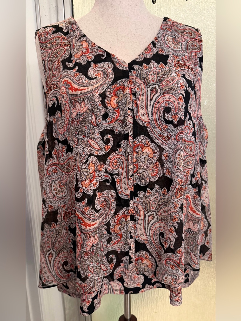 Roz & Ali Black Paisley Tank Top with Coral and Cream Accents $24